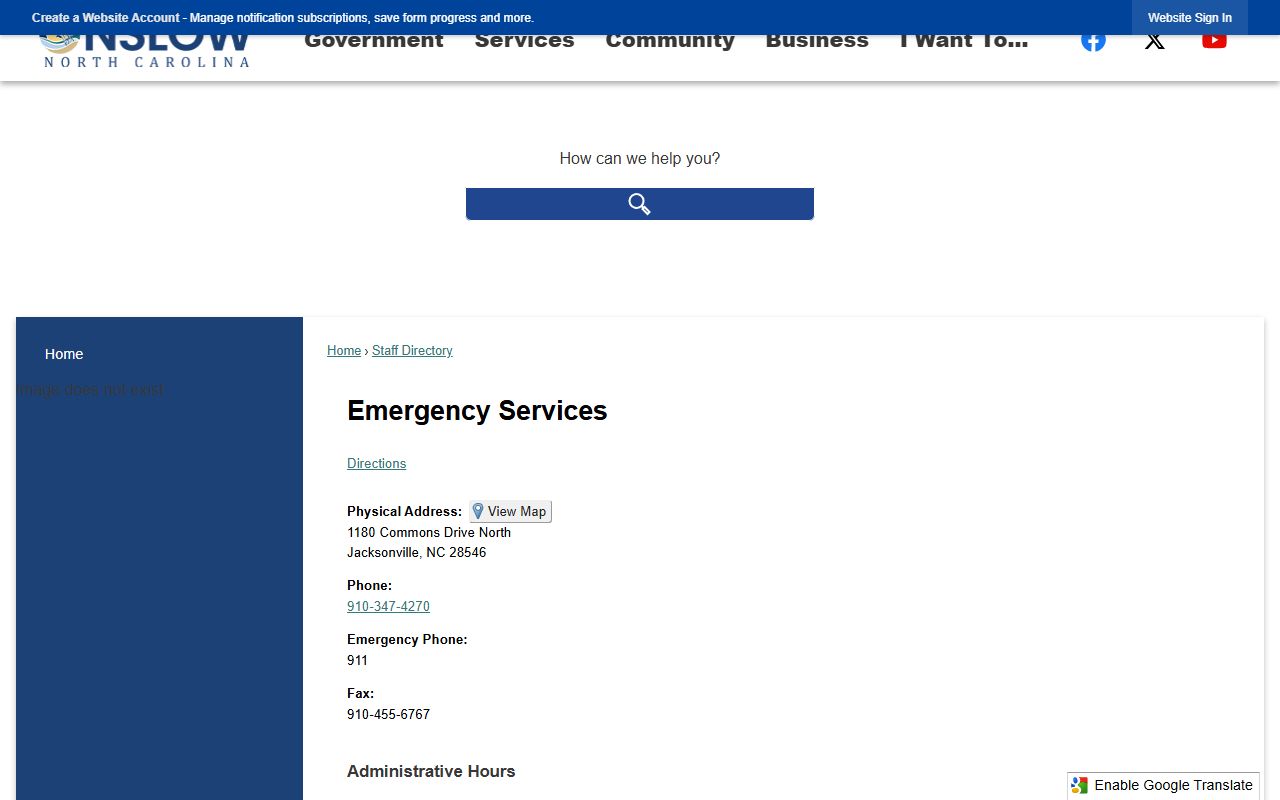 Onslow County phone directory emergency services numbers