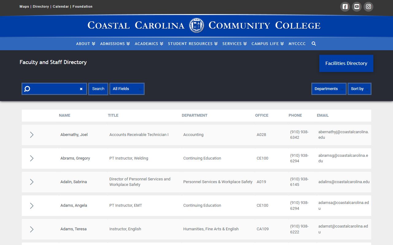 Onslow County phone directory Coastal Carolina staff directory