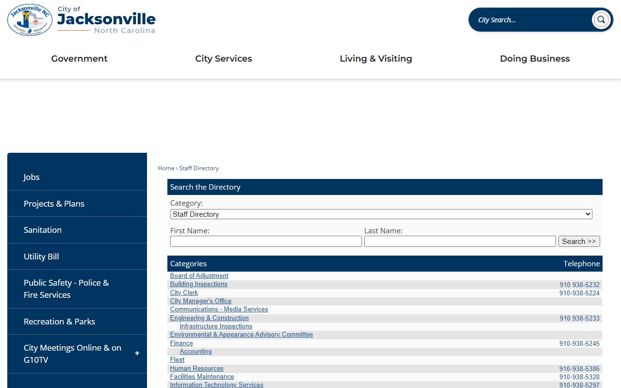 Onslow County phone directory Jacksonville city staff directory