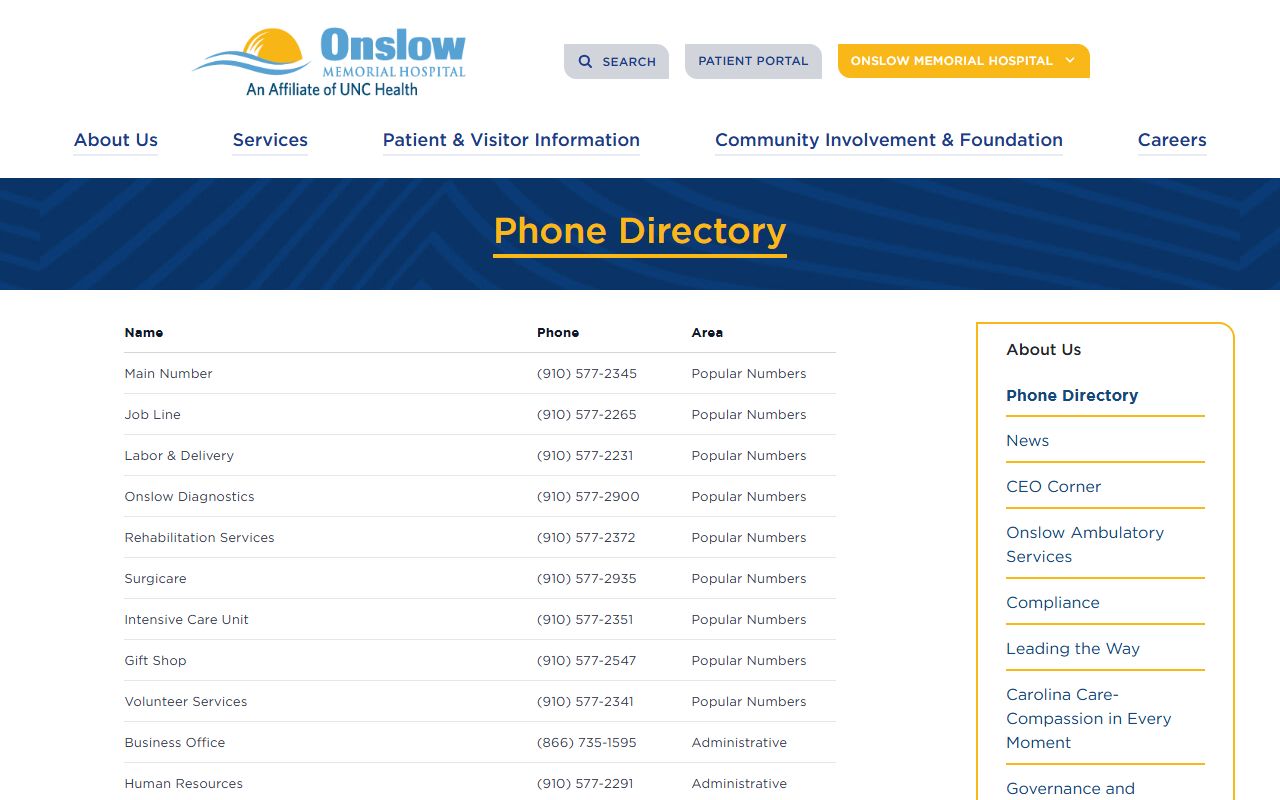 Onslow County phone numbers Onslow Memorial Hospital directory