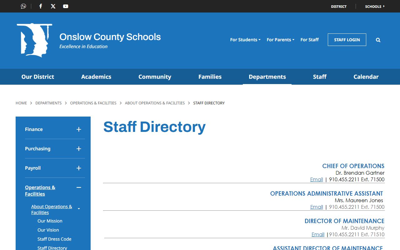 Onslow County phone numbers OCS operations staff directory