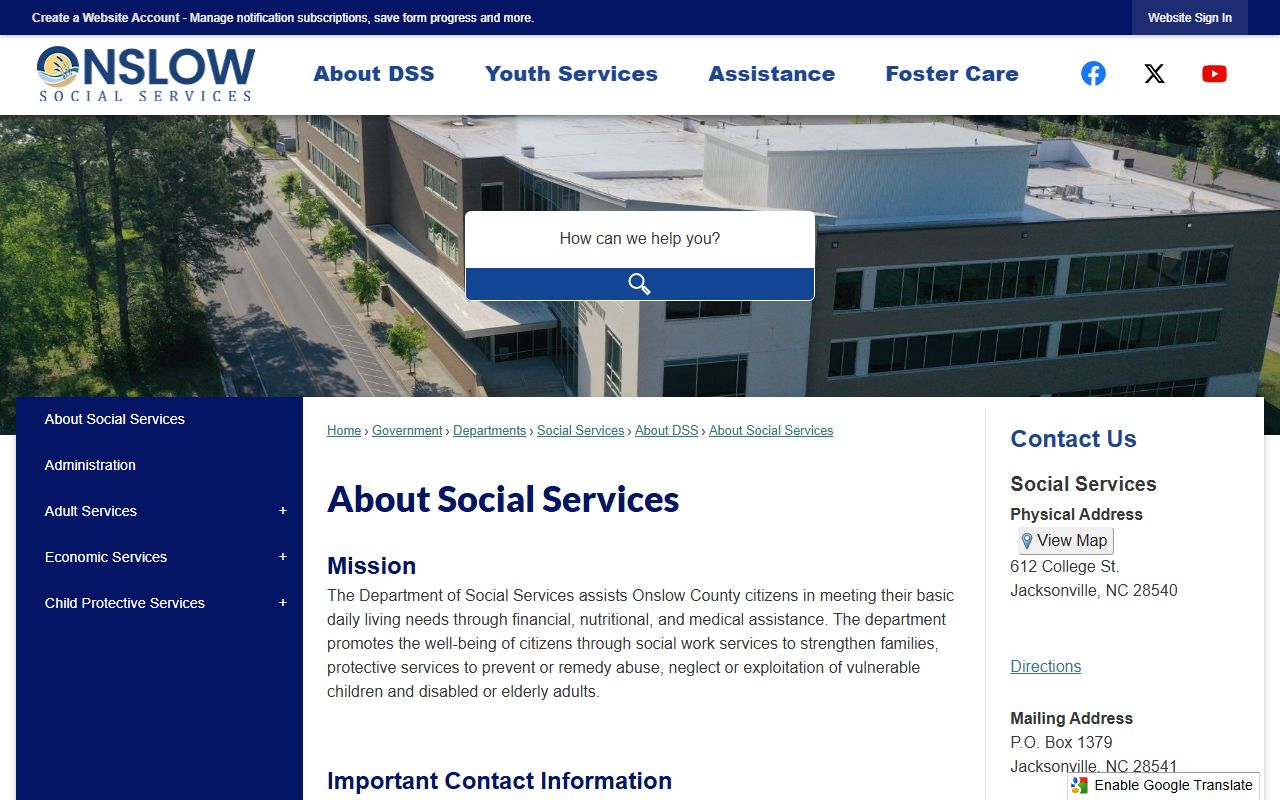 Onslow County phone numbers Social Services contacts